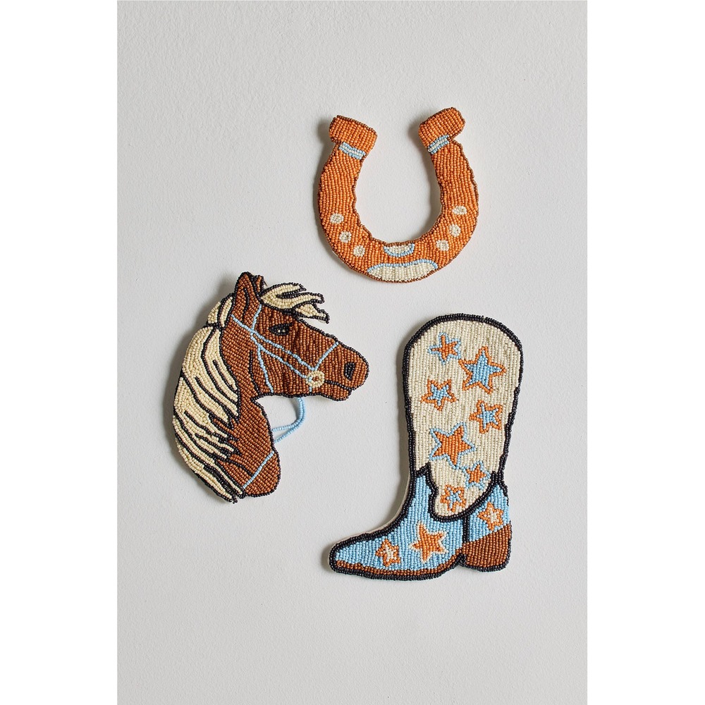 Beaded Western Icon Wall Hanging Set Applique Horse Cowboy Boot Horaeshoe